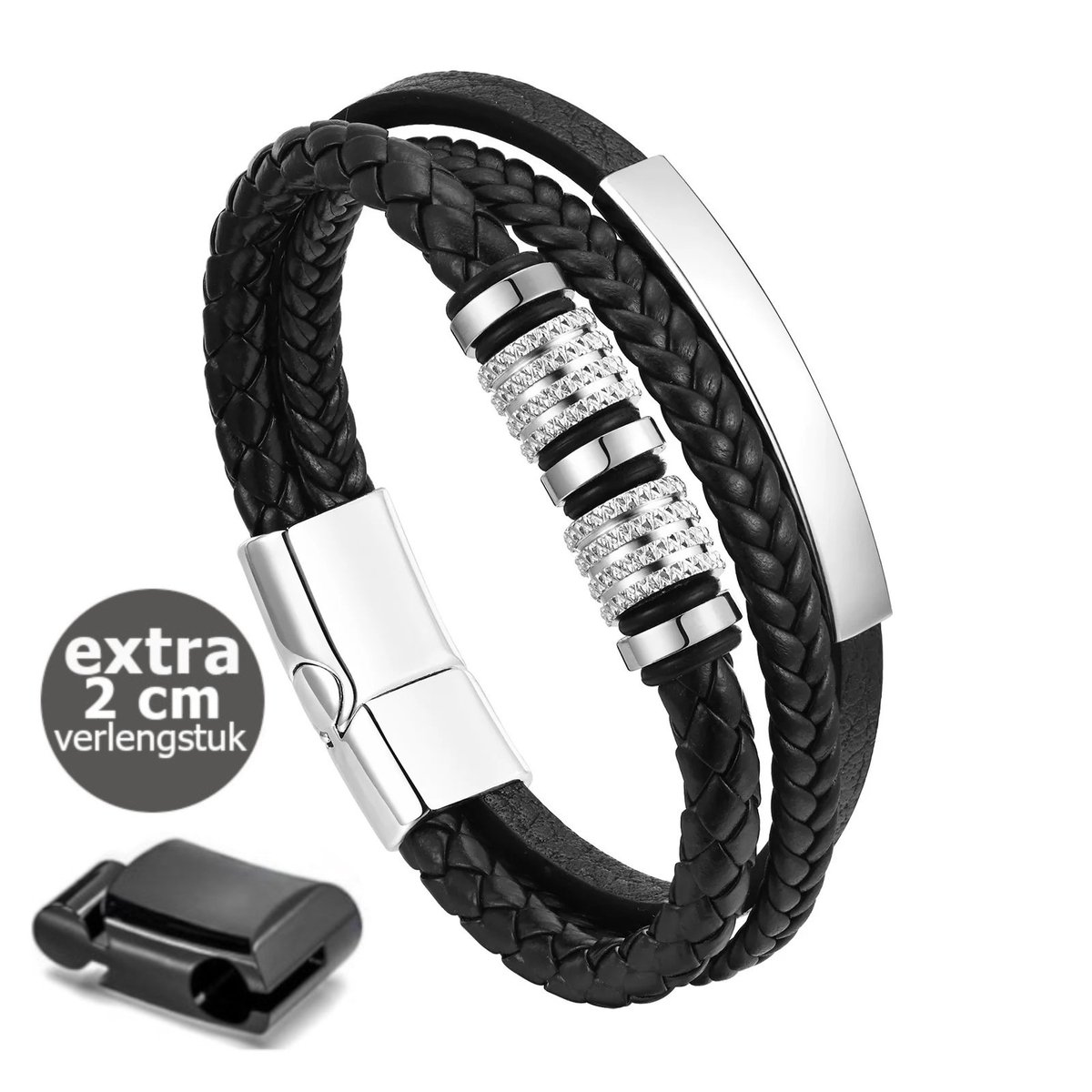 KHRONOX® Armband, Armband Heren, kh04 19 cm GRIJS, Roestvrij Staal, Armbanden, Leren Armband Heren, Leren Armband, Leren Armbanden, Armbandje, Kunstleer, Mannen, Magnetische Sluiting, + 2 CM Verlengstuk, Verjaardag, Vaderdag Valentijnsdag, Cadeautje