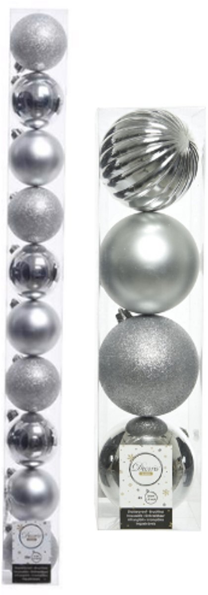 Zilveren Kerstballen - Set van 14 stuks | Klein 6cm - Groot 10cm - Zilver - Glitter | Kunststof Kerstornamenten