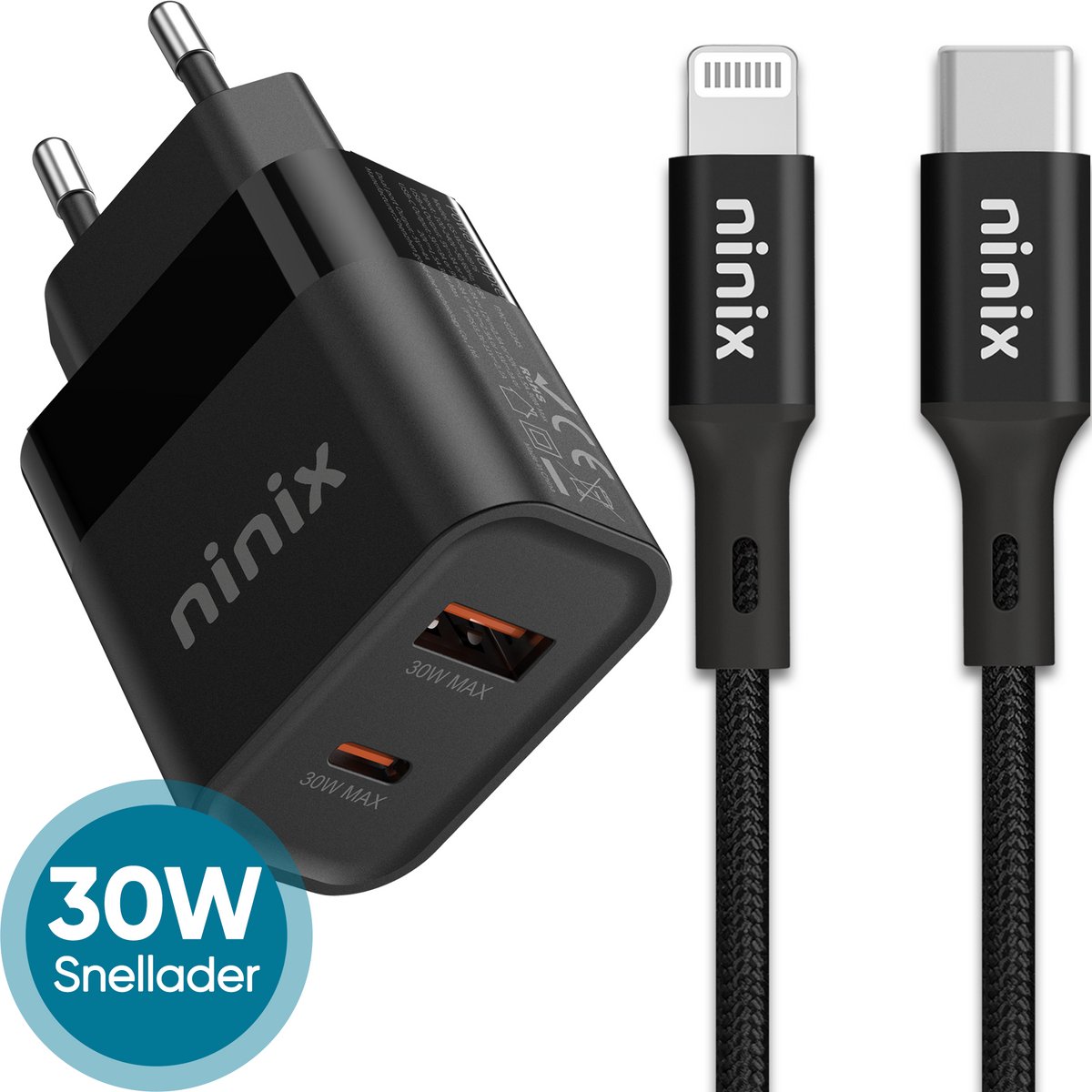 Ninix 30W GaN2 Snellader 2 poorten + 1,5m oplaadkabel - Geschikt voor Apple Lightning - Gecertificeerd - Geschikt voor Apple iPhone 14/13/12/11/X - Oplader - Zwart