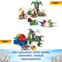 Afbeelding van twee LEGO Spidey-speelsets, een met dinosaurusfiguren en een met voertuigen.