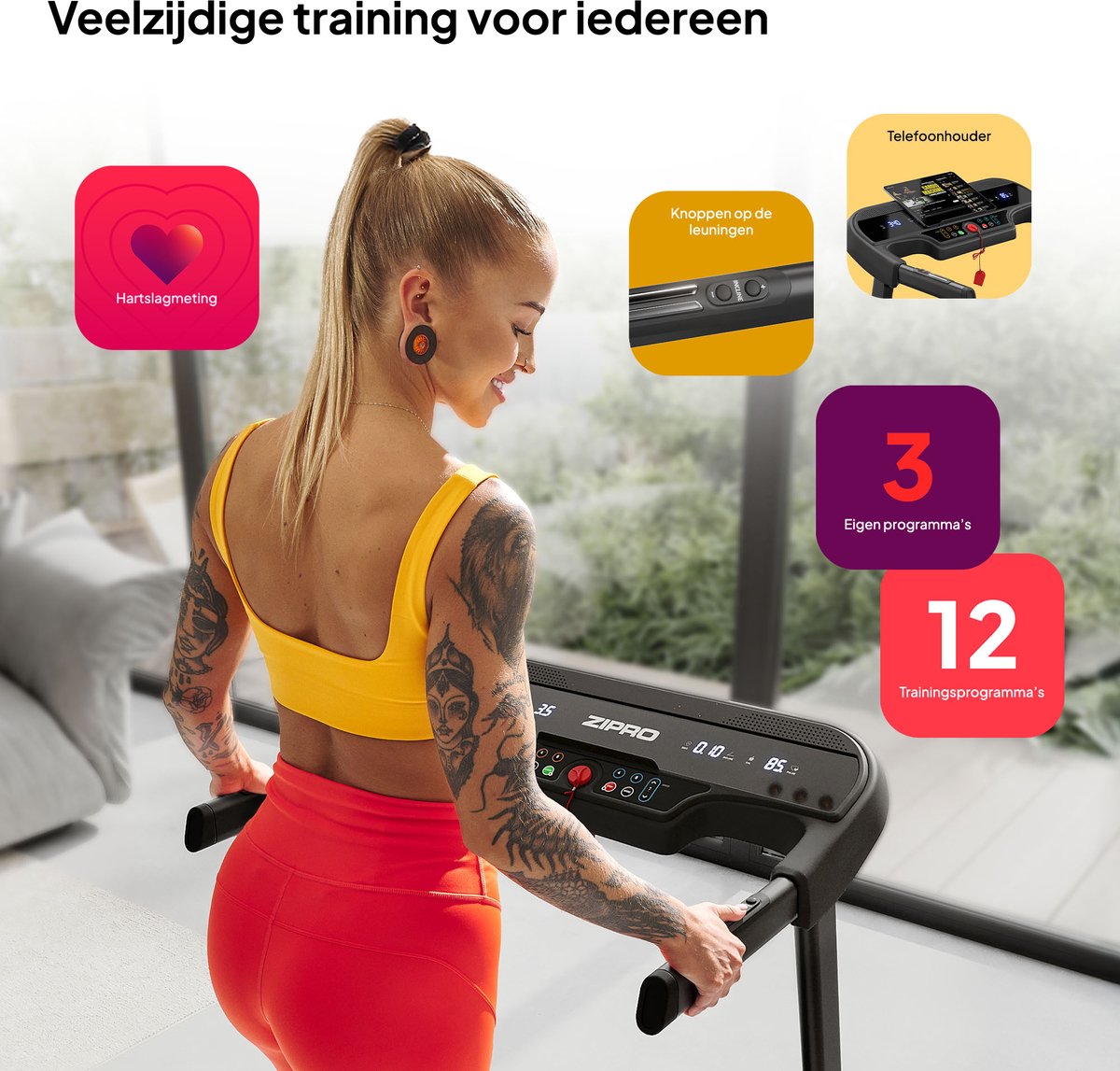 Zipro® Pulse Loopband 12 km/u Zwart Dempingssysteem - afbeelding 3