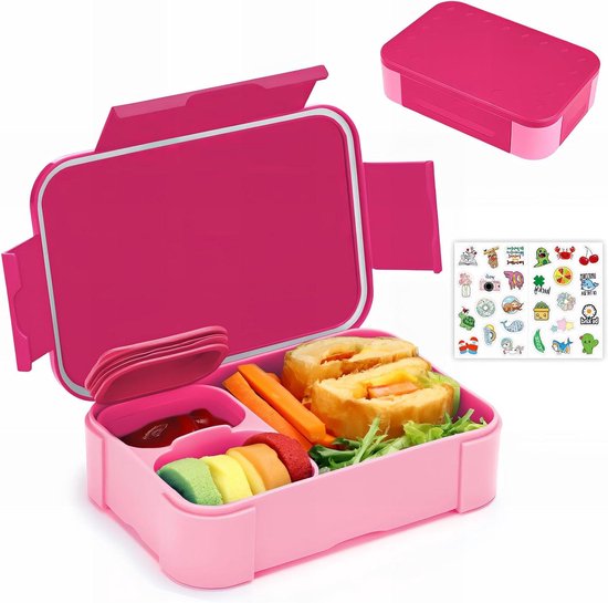MICHIHOMIE Broodtrommel voor kinderen, met vakken, 1200 ml, siliconen Bento Box, onbreekbaar en lekvrij, broodtrommel voor meisjes en jongens, BPA-vrije lunchbox voor school, picknick (roze