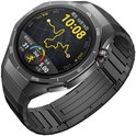 Zwart metalen smartwatch met een gestructureerde band. Het display toont de tijd 10:08 en een route.