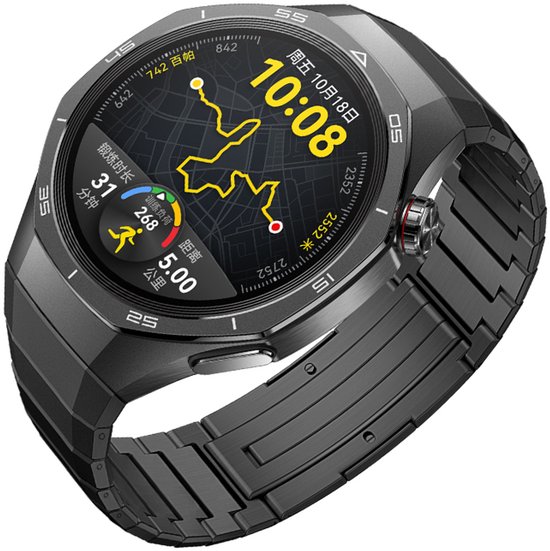 Zwart metalen smartwatch met een gestructureerde band. Het display toont de tijd 10:08 en een route.