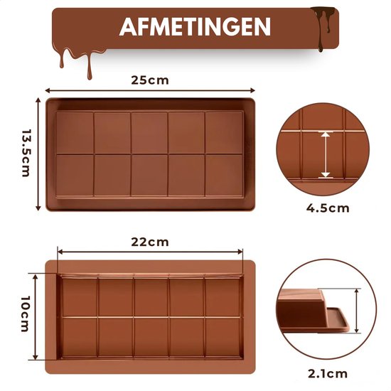 Afmetingen van bruine siliconen chocoladevormen. Een grotere van 25x13.5cm en een kleinere van 22x10cm.