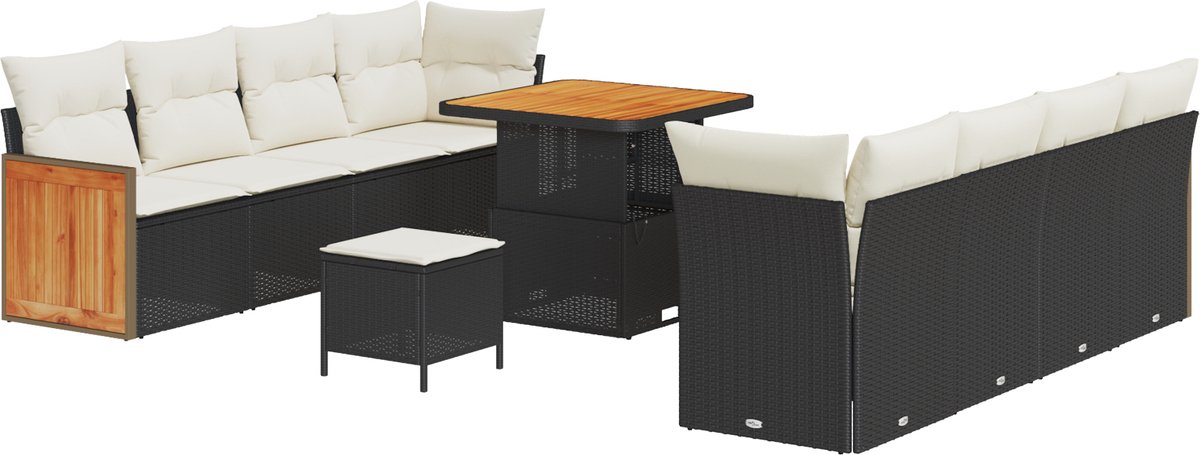 vidaXL - Tuinbank - Set - met - kussen - 12 - pcs - Zwart - en - Crème - poly - rattan