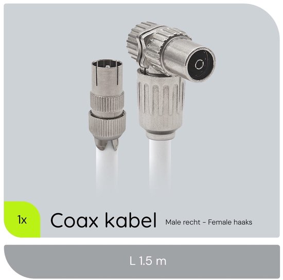 1x Câble coaxial blanc, 1,5 mètre, avec connecteur mâle droit et connecteur femelle coudé.
