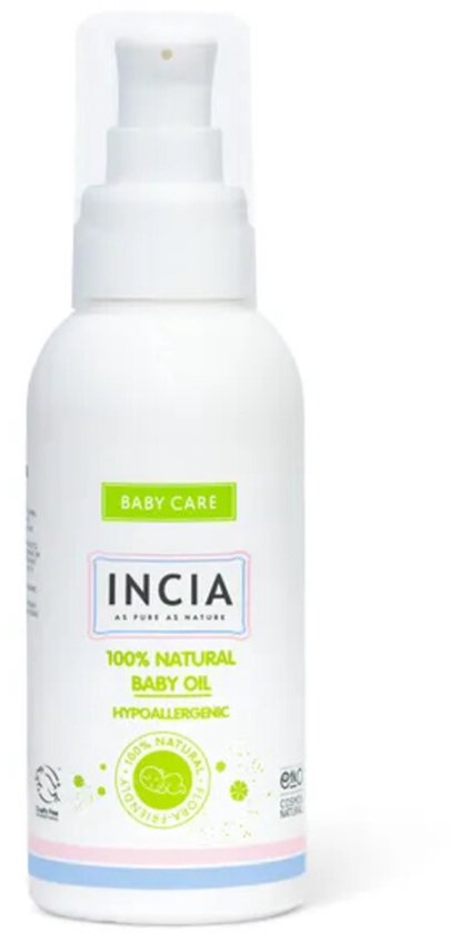 Witte fles INCIA 100% natuurlijke babyolie met pompdispenser, op een witte achtergrond.