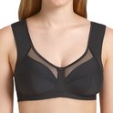 Zwarte Anita Comfort beugel-bh met brede bandjes, mesh-detail aan de bovenkant van de cups en een drukknoopje in het midden.