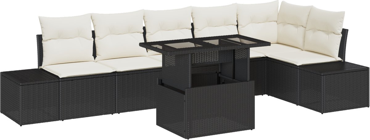 vidaXL - Tuinbank - Set - met - kussen - met - opslag - 7 - pcs - Zwart - poly - rattan