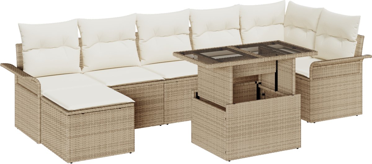 vidaXL - Tuinbank - Set - met - kussen - met - opslag - 8 - pcs - Beige - Poly - rattan