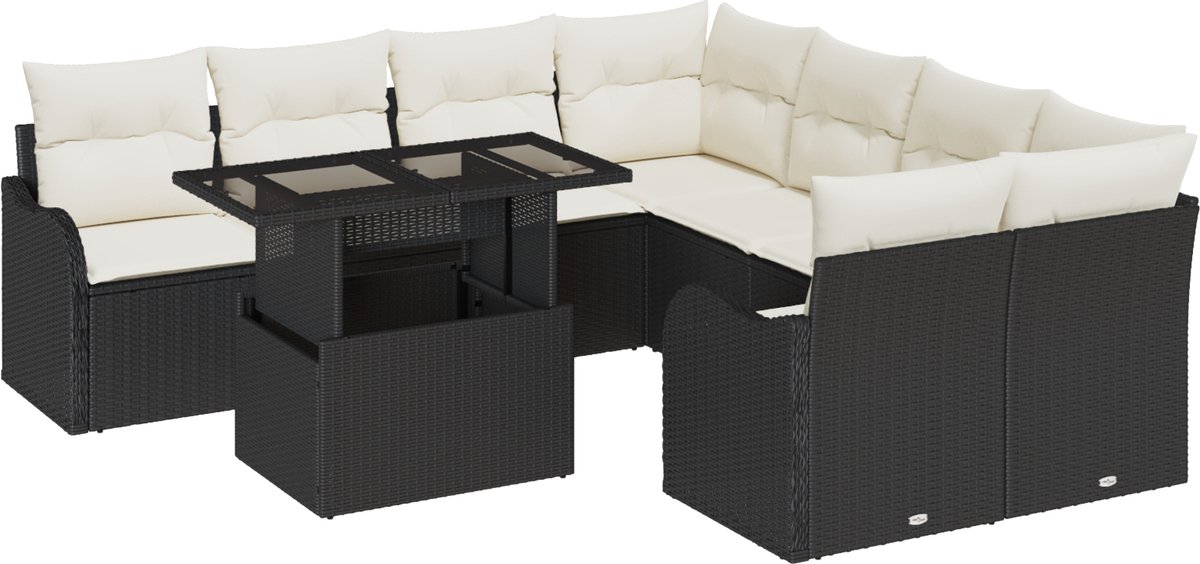 vidaXL - Tuinbank - Set - met - kussen - met - kussen - 9 - pcs - Zwart - Polyrattan