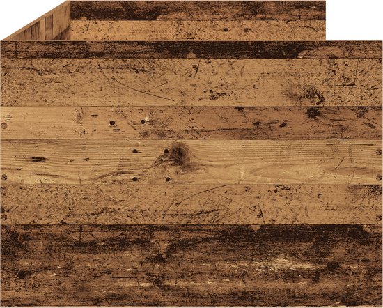 Verweerd houten planken van een bedframe, met zichtbare spijkers en houtnerven.