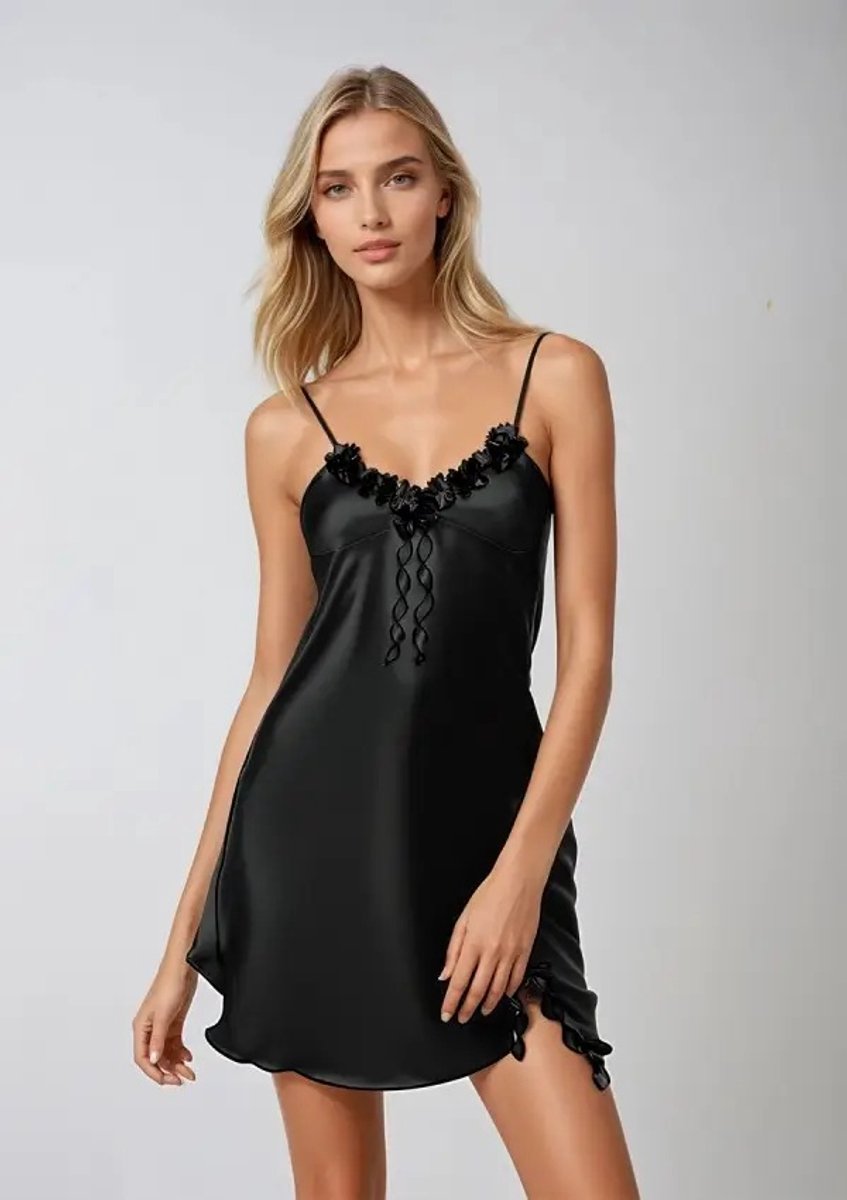 DKaren Hoogwardige satijn chemise zwart - Gabi
