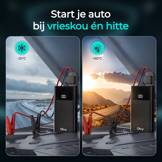 Zwarte Olvy jumpstarter aangesloten op een auto-accu in sneeuw (-20°C) en woestijn (+60°C).