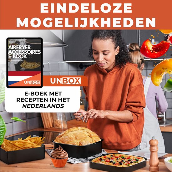 Vrouw met oranje hoodie bereidt maaltijd. Naast haar staan frietjes, brood, cupcakes en een pizza.