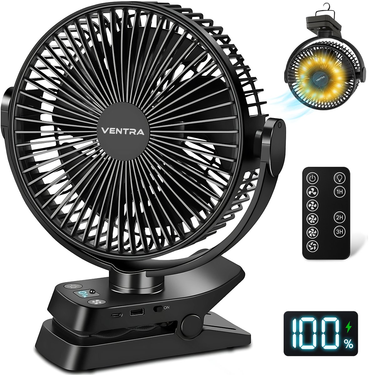 VENTRA® Draadloze Ventilator – Ventilator – Tafelventilator – Handventilator - Mini Ventilator - 5 Windsnelheden - LED Verlichting - 12000 mAh - 28,6 x 24,4cm