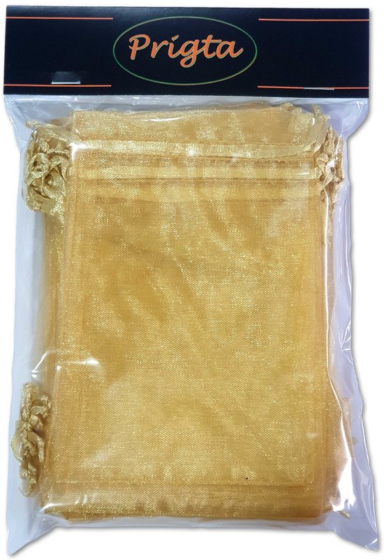 Gouden organzazakjes van Prigta in een doorzichtige verpakking, met ruches aan de bovenkant.