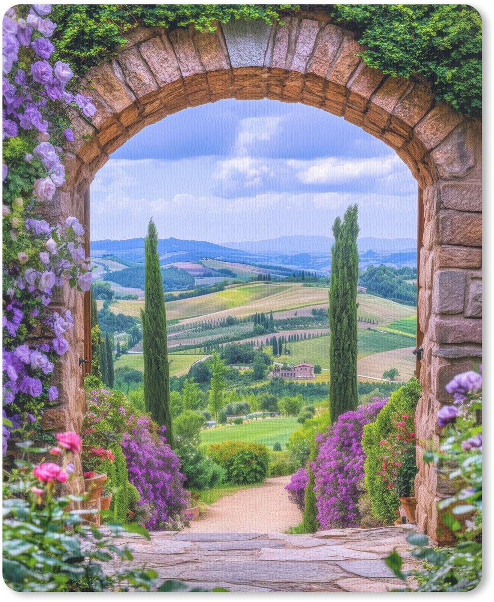 Muismat 19x23 cm - Mousepad Doorkijk - Toscane - Landschap - Poort - Muismatten