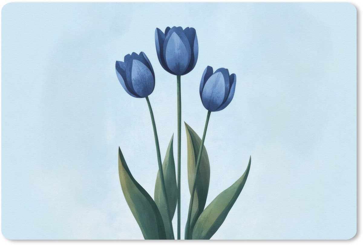 Muismat 27x18 cm - Mousepad Tulpen - Blauw - Bladeren - Muismatten