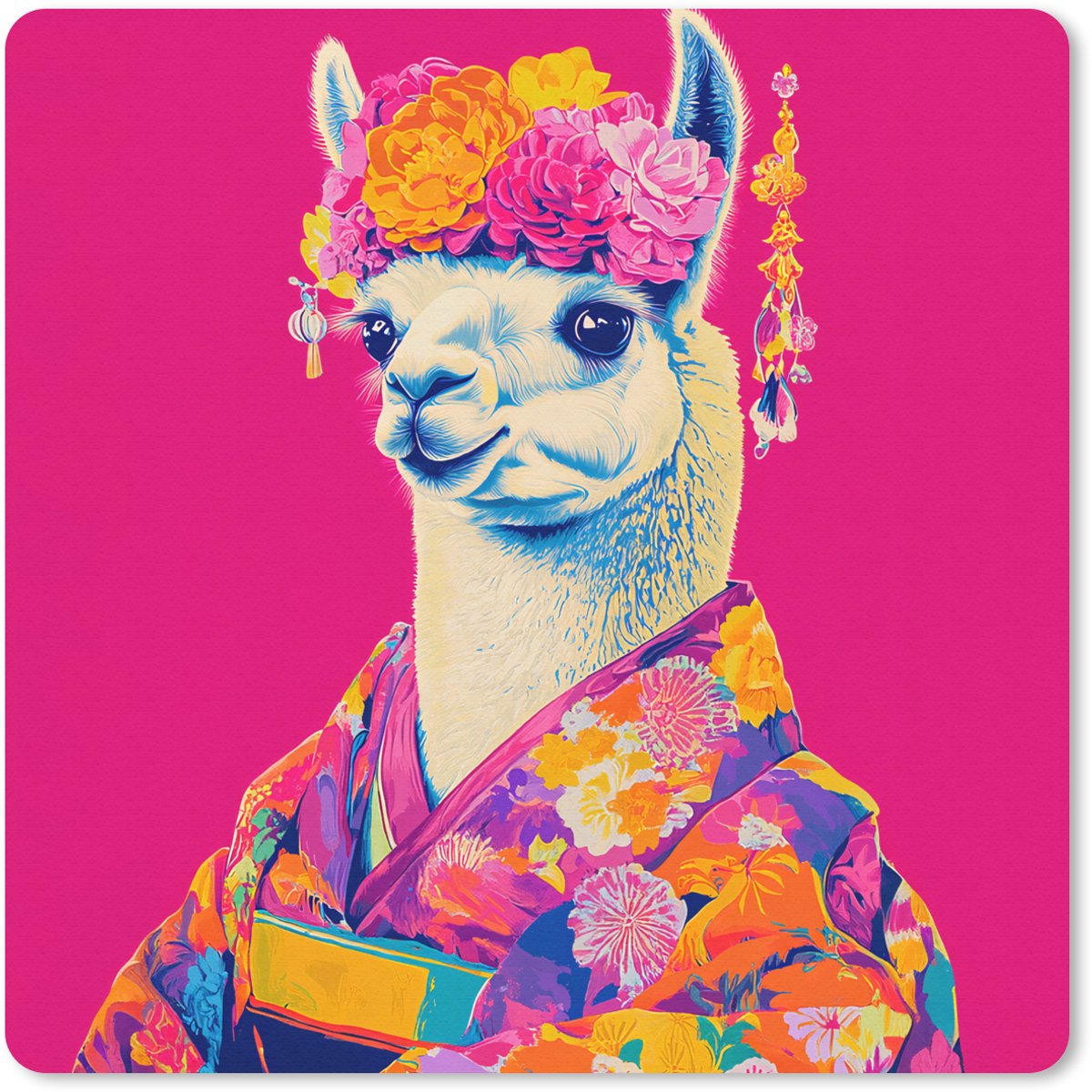 Muismat 20x20 cm - Mousepad Lama - Kimono - Bloemenkrans - Felroze - Muismatten