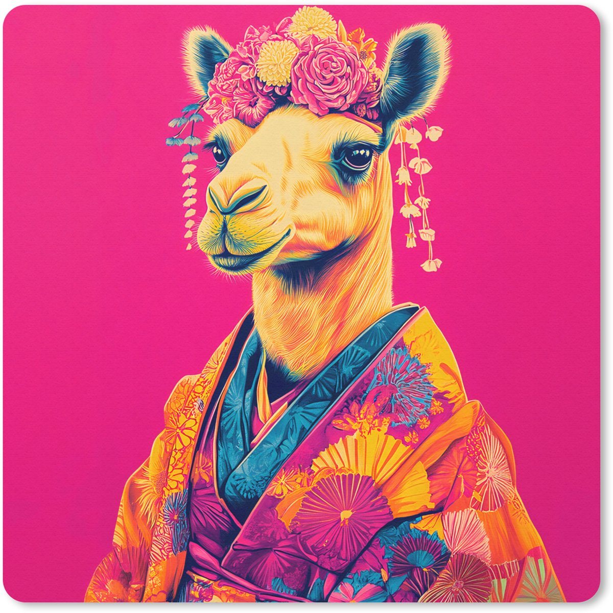 Muismat 20x20 cm - Mousepad Kameel - Bloemen - Kimono - Waaiers - Muismatten