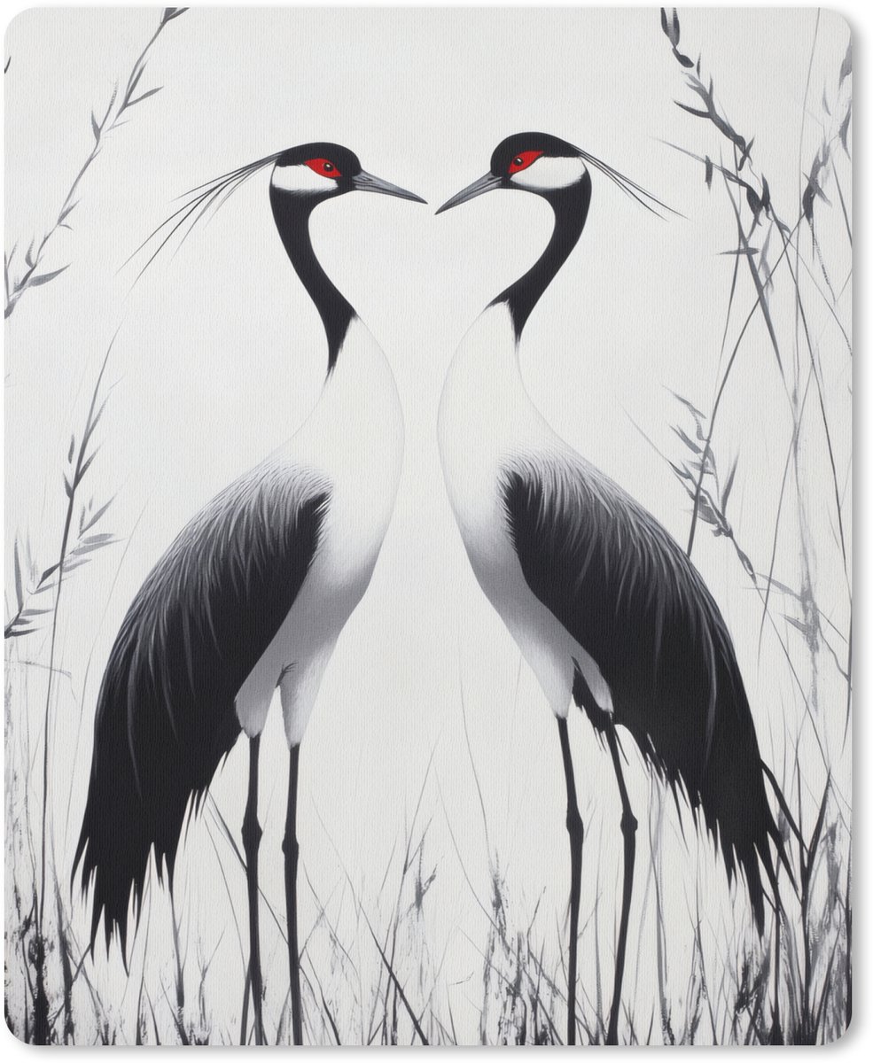 Muismat 19x23 cm - Mousepad Kraanvogels - Gras - Hartvorm - Zwart - Muismatten