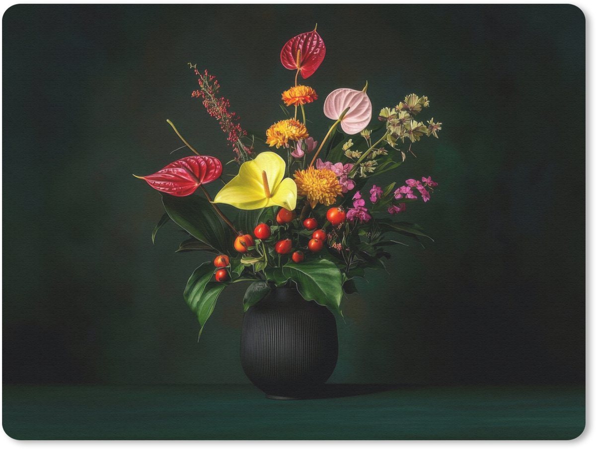 Muismat 23x19 cm - Mousepad Bloemen - Vaas - Zwart - Muismatten