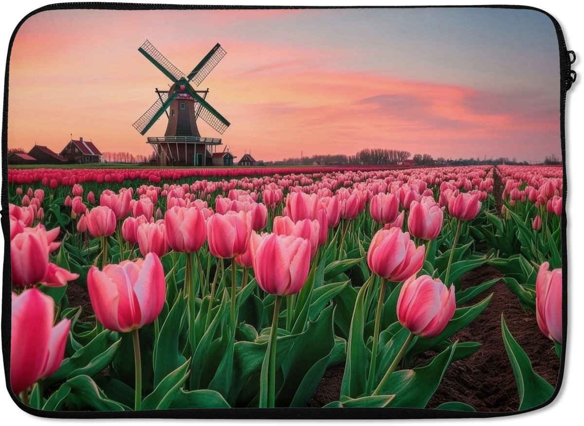 Laptophoes 14 inch - Tulpen - Molen - Nederland - Laptop sleeve - Binnenmaat 33x23 cm - Zwarte achterkant
