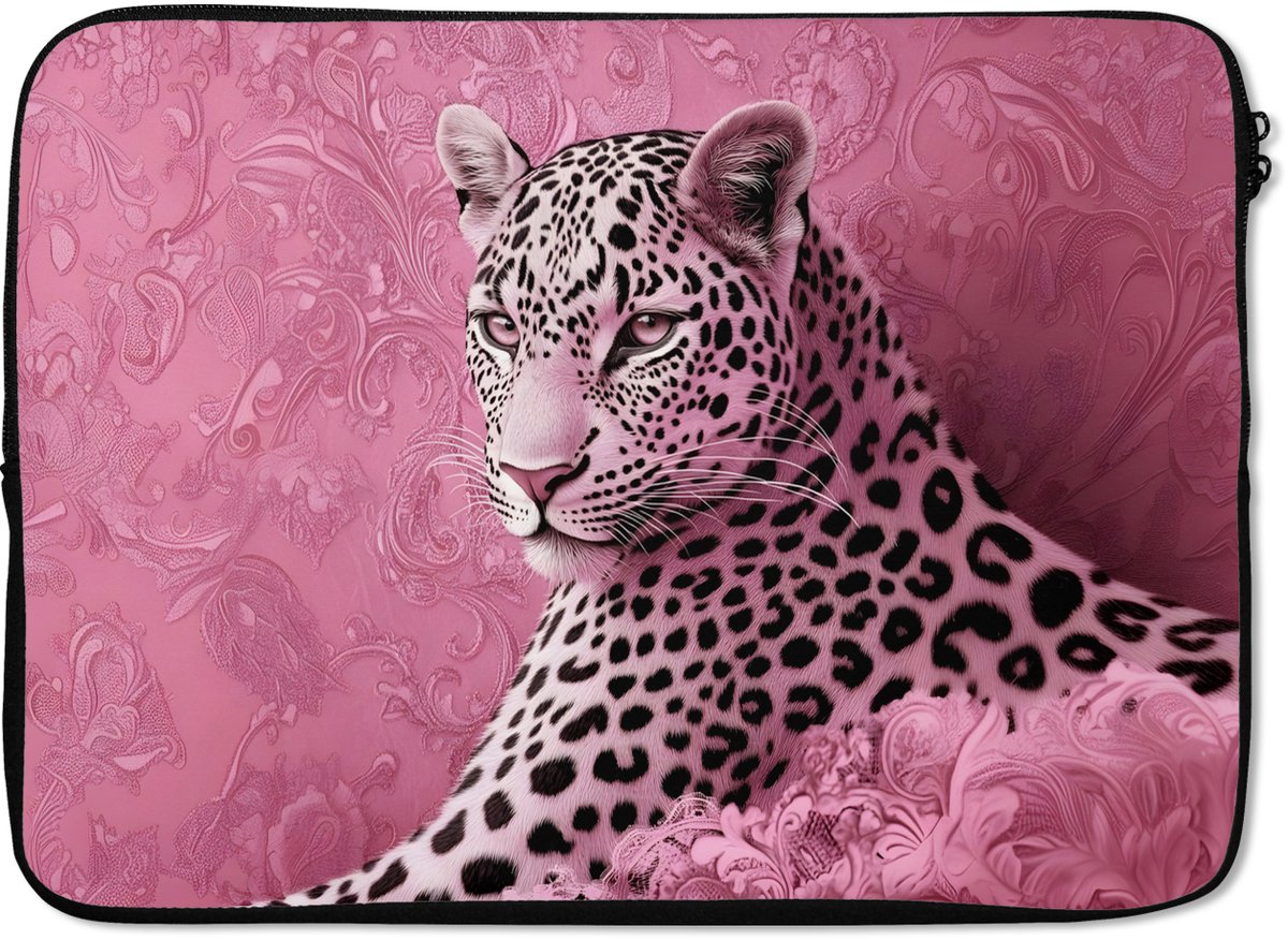 Laptophoes 13 inch - Panter - Luxe - Roze - Laptop sleeve - Binnenmaat 32x22,5 cm - Zwarte achterkant
