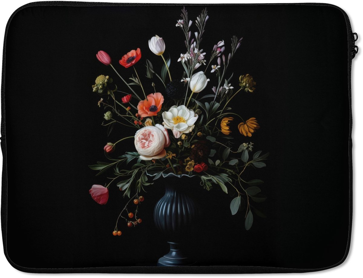 Laptophoes 17 inch - Bloemstuk - Vaas - Zwart - Laptop sleeve - Binnenmaat 41x28 cm - Zwarte achterkant