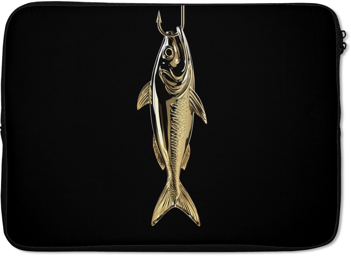 Laptophoes 13 inch - Goud - Vis - Haak - Zwart - Laptop sleeve - Binnenmaat 32x22,5 cm - Zwarte achterkant