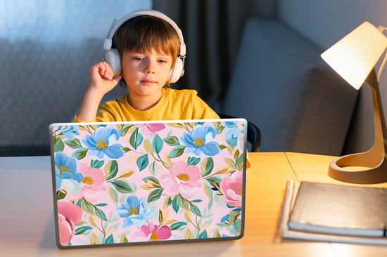 Sticker pour ordinateur portable - 14 pouces - Blauw - Rose - Fleurs - 32x5x23x5cm - Autocollants pour ordinateur portable - Skin pour ordinateur portable - Housse