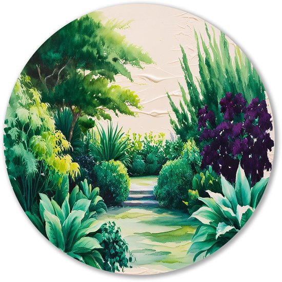 Levendige tuin in aquarelstijl - Planten rond schilderij - Ronde wandprint tuin - Aquarel - Dibond muurdecoratie - Woondecoratie industrieel - muurcirkel aluminium 60x60 cm