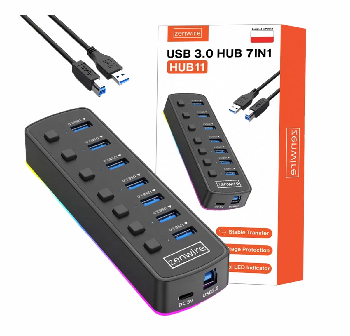 Zenwire Hub 7in1 USB-C - Hub USB- 7x USB 3.0 - USB Splitter - tot 5 Gbps - Plug & Play - USB 3.0 naar USB-C adapter - Geschikt voor Macbook Pro / Air / Windows / Universeel