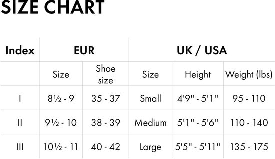 Maattabel voor kousen met index, EUR-maat, UK/USA-maat, lengte en gewicht in lbs.