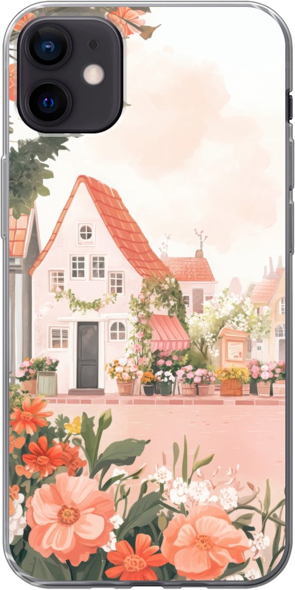 Telefoonhoesje Geschikt voor iPhone 12 mini hoesje - Bloemen - Huizen - Dorp - Siliconen Telefoonhoesje Telefoonhoesje