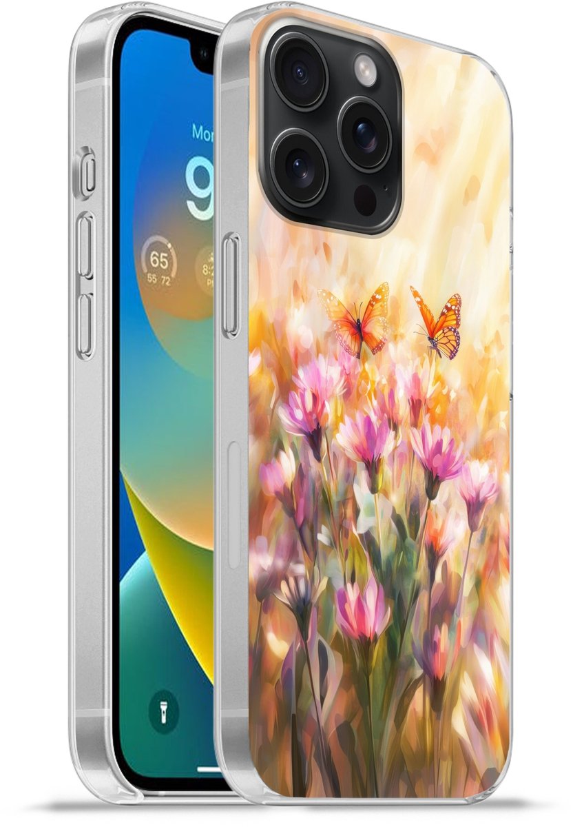 Telefoonhoesje Geschikt voor iPhone 15 Pro Max hoesje - Vlinders - Oranje - Bloemen - Siliconen Telefoonhoesje Telefoonhoesje