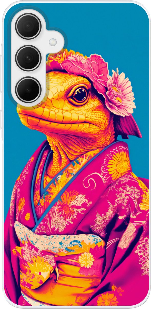 Telefoonhoesje Geschikt voor Samsung Galaxy A35 hoesje - Bloemenkrans - Hagedis - Kimono - Paars - Siliconen Telefoonhoesje Telefoonhoesje