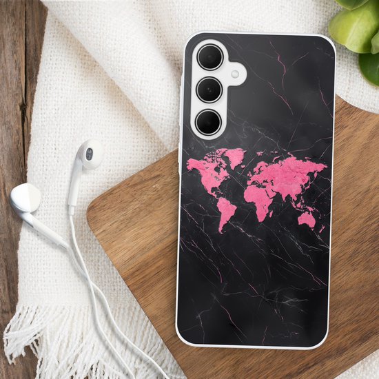 Coque de téléphone compatible avec Samsung Galaxy A36 - Wereldkaart - Rose - Imprimé marbre - Siliconen Coque de téléphone Coque de téléphone