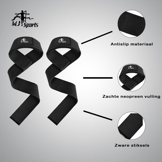 Set de sangles de levage MJ Sports Premium - Poignées de levage (2 pièces) - Rembourrage - Crochets - Fitness - Powerlifting - Musculation - Deadlift