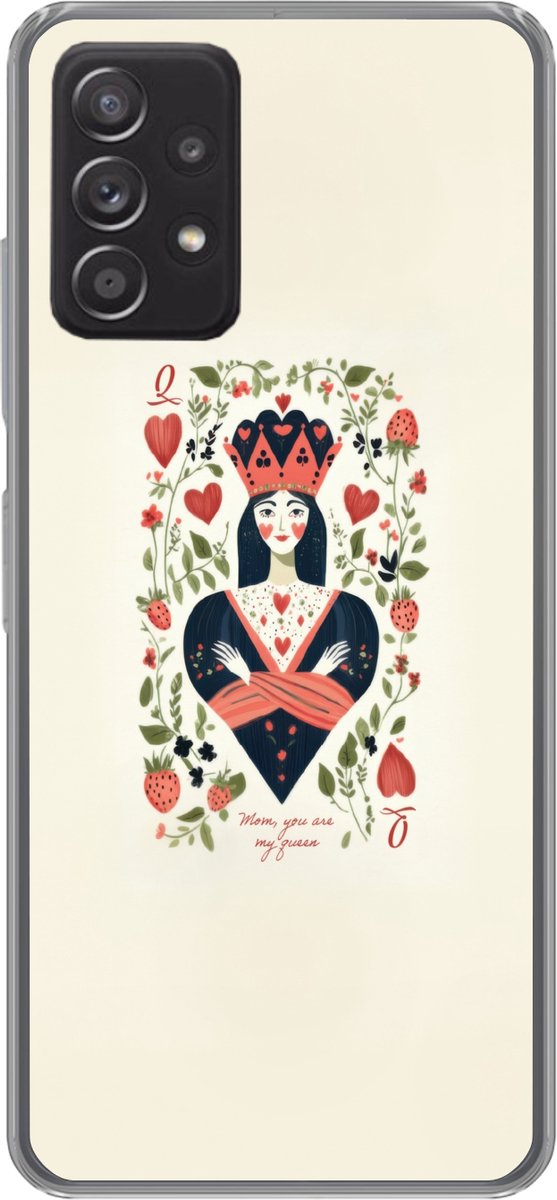 Telefoonhoesje Geschikt voor Samsung Galaxy A53 5G hoesje - Speelkaart - Hartenkoningin - Bloemen - Hartjes - Siliconen Telefoonhoesje Telefoonhoesje