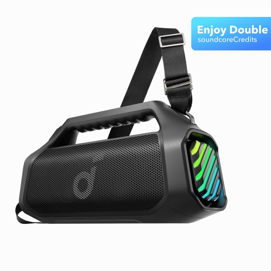 soundcore Boom 2 Pro van Anker, buitenspeaker, 140 W, 2+2 kanalen, BassUp 2.0, 20 uur speeltijd, snelladen, IP68 waterdicht, RGB-verlichting, powerbank, Bluetooth 5.3, draagbaar voor buiten, kamperen,