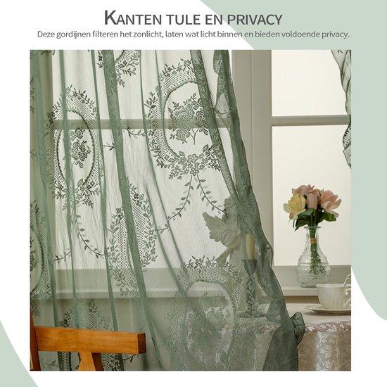REFTTENW Set de 2 Rideaux Boho brodés en dentelle avec Rideaux Rebords, Rideaux transparents pour Cuisine, salon, couloir, style maison de campagne, vert sauge