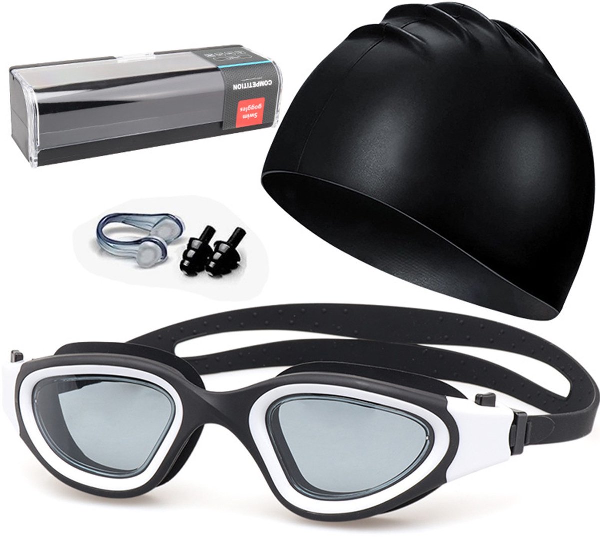 Erwachsene Schwimmbrille Set - Silikon Nasenclip & Ohrstöpsel, Hochauflösendes Anti-Beschlag-System, Weitwinkel-180° Sichtfeld, Komfortable Passform für Damen & Herren