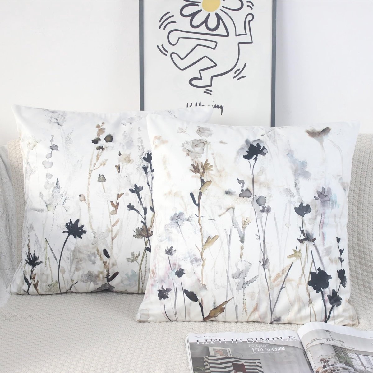 Ibenzoa Set van 2 Luxe Fluwelen Kussenhoezen van 40 x 40 cm met Abstracte Bloemenmotieven wit