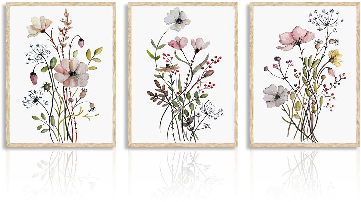 Ibenzoa Verfijnde Kunstwerken van Botanische Bloemen voor een Tijdloze Wanddecoratie in Drie Stuks wit