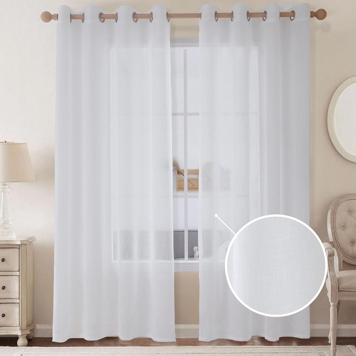 Ibenzoa Zachte Semi-Transparante Gordijnen – Linnen Textuur, 260x140cm, Set van 2 wit