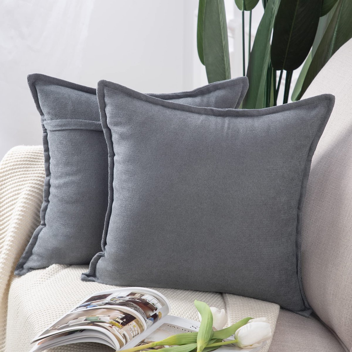 Ibenzoa® Set van 2 Luxe Zachte Chenille Kussenhoezen voor Bank en Slaapkamer in Grijs, 65x65 cm