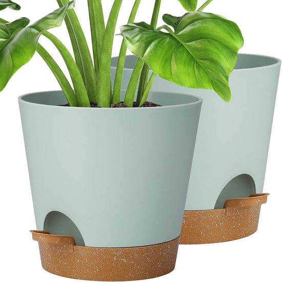 Pot de fleurs 20,3 cm, pot de fleurs en plastique avec système d'irrigation, pot de fleurs, lot de 2, moderne, pour intérieur et balcon, jardin, plantes, plantes grasses, cactus (vert)